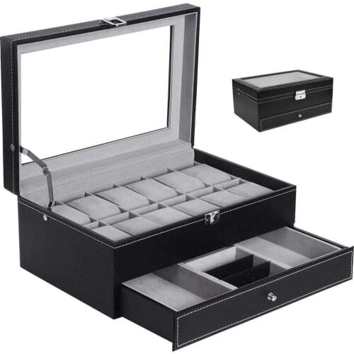 Fashion Double Layer 12 Grids Watch Boxes Storage Organizer Box Luxury Jewelry Ring Display Watch Case Black Display Case Box