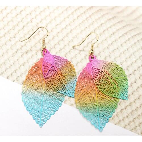 Bohemia Double Leaf Drop Earrings for Women Vintage Hollow Out Multi-color Pendant Long Dangle Earrings Wedding Jewelry Trendy