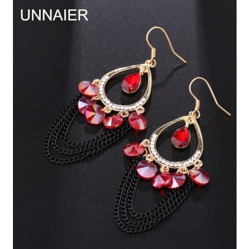 Fashion temperament Water drop red Austrian rhinestones earring Female Black chain tassel Long earring Hypoallergenic earrings