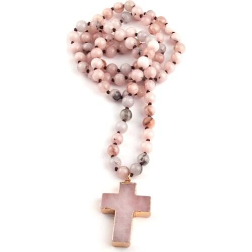 MOODPC Fashion Bohemian Tribal Jewelry Pink Stones Beads Knotted Cross Pendant Necklace For Women