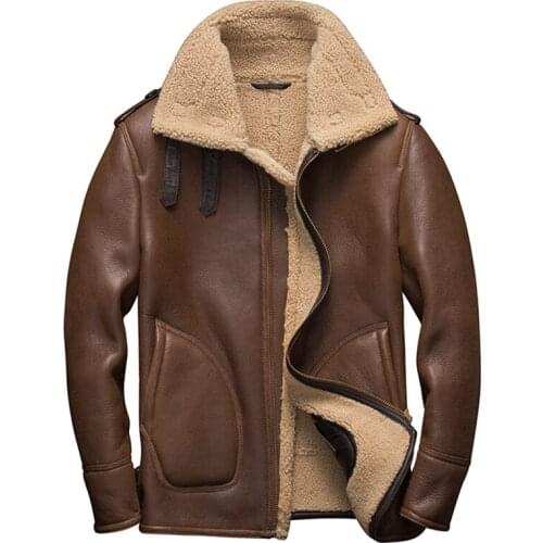Denny&Dora Mens Shearling Coat Mens Fur Coat Short Style Baseball Sheepskin Pilot Leather Jacket Motorcycle Jacket