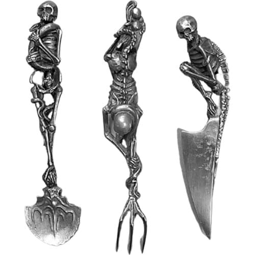 Western Skeletal Cutlery Set 3 Piece Tableware Set Stainless Steel Dinnerware Black Spoon Fork Knife Dinner Set Halloween Gift