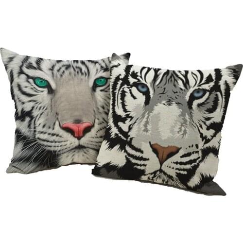 Cotton Linen Animal White Tiger Pattern Cushion Cover Decorative Sofa Bedroom Office Home Throw Pillow Cover