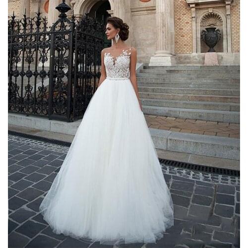 Scoop Illusion Wedding Dresses Long Lace Applique Beading Waist Sweep Train Bridal Gown Dress with Detachable Beading Sash Cheap