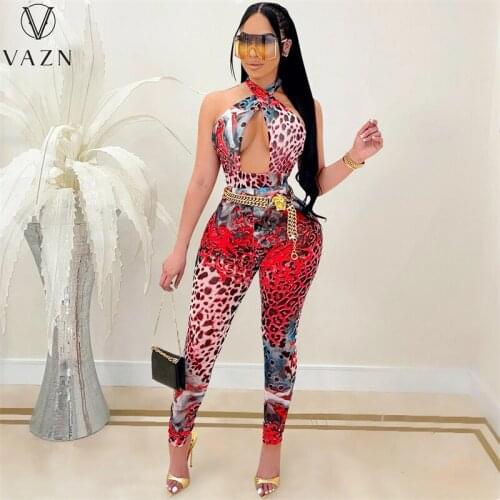 VAZN 2021 women new sexy club party style sets sleeveless jumpsuits elastic long pants leopard grain two piece sets