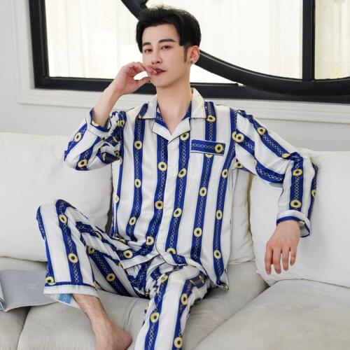 Men Pajamas Sets Cozy Soft Long Sleeve Nightgown Sleep Tops Trousers Two Pieces Sleepwear Pyjamas Silk Pajama for Men Pijamas