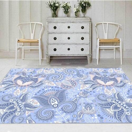 Retro Light Blue Geometry Floral Rug Bed Room Ethnic Style Flower Pattern Carpet Entrance Door Hallway Mat Floor Mat Bedside Mat