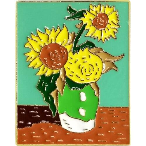 RSHCZY Cartoon Golden Van Gogh Oil Painting Sun Flower Enamel Brooch Custom Alloy Badge Cowboy Clothes Bag Pin Punk Jewelry Gift