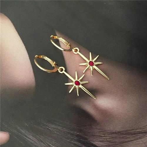 Lovely Gold Color Plating Red Stone in center Irregular Charm Hoop Earrings For Women Girl Gift Fashion Jewelry