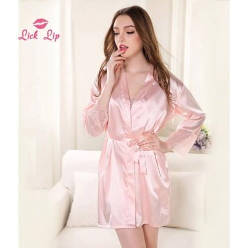 Lick Lip Silk Robes For Women Satin Vintage Lace Transparet Sleeve Kimono Robe Nightwear Femme Pijama Mujer Womens SWC3003-47