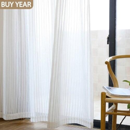 Nordic Curtains for Living Dining Room Bedroom Solid Color White Tulle Korean Style Cotton and Linen Striped Window Tulle