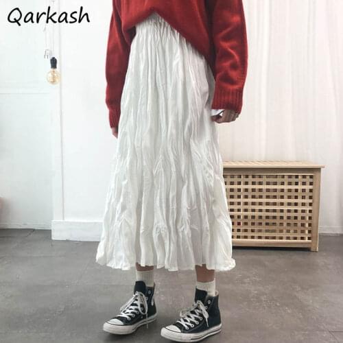 Skirts Women Folds Design Fashionable Solid Girls Daily All-match Mid-calf College Sweet Elastic Waist A-line Fairy Clothing Ins