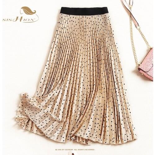 SISHION Women Polka Dot Pleated A-Line New Long Skirt VD1960 Summer Elastic High Waist Midi Skirts Beach Bohemian Retro