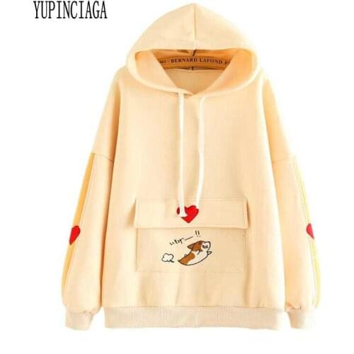 YUPINCIAGA Women Cartoon embroidery Hoodies Long Sleeve Pullovers Femme Harajuku Cute Sweatshirts hooded plus velvet thick loose