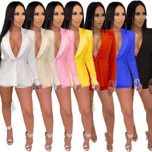 2021 Autumn New Women Shorts Set Sexy Tassel Deep V Neck Suit Jacket Coat And Shorts Two Piece Outfits Set Red Black White