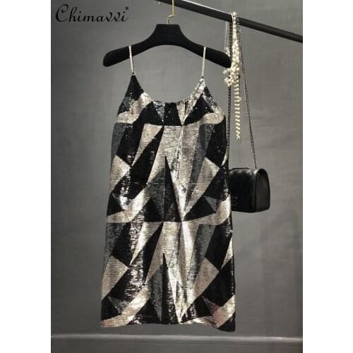 Ladys Ins Style Geometric Pattern Camisole Dress Sequin Slip Dress Slim Slimming Shiny Dress A Line Womens Dress