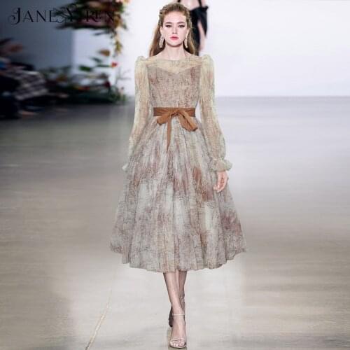 Janeyiren fashion Runway Women dress Lantern sleeve vintage pattern print Elastic waist Mid-Calf Party Puffy dresses