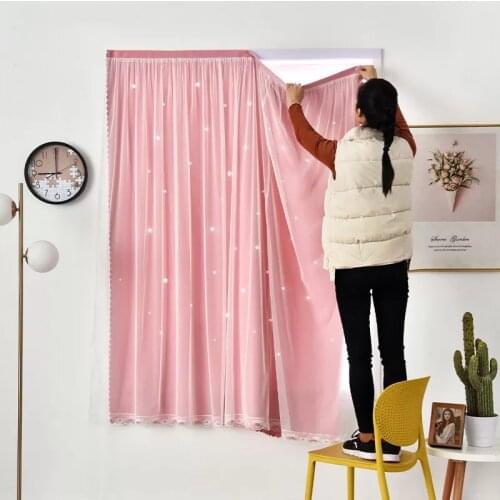 Nordic Double Layer Blackout Star Hollow Punch-free Velcro Curtains with Lace Tulle Fabric for Home Living Room window Decor
