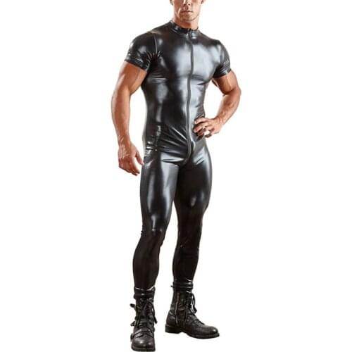 Plus Size 3XL Man Leather Latex Catsuit Bodysuit Black Shiny Erotic Short Sleeve Bodysuits Zentai Body Wear One Piece jumpsuit