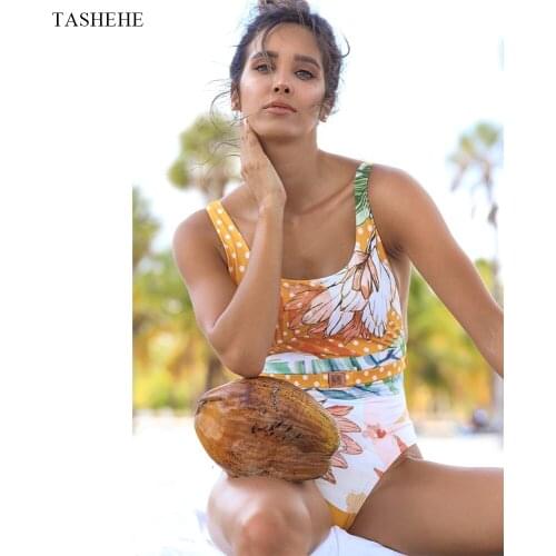 One Piece Swimsuit Swimwear Women Flowers Print Vintage Bathing Suit Beachwear Monokini Female Bodysuits