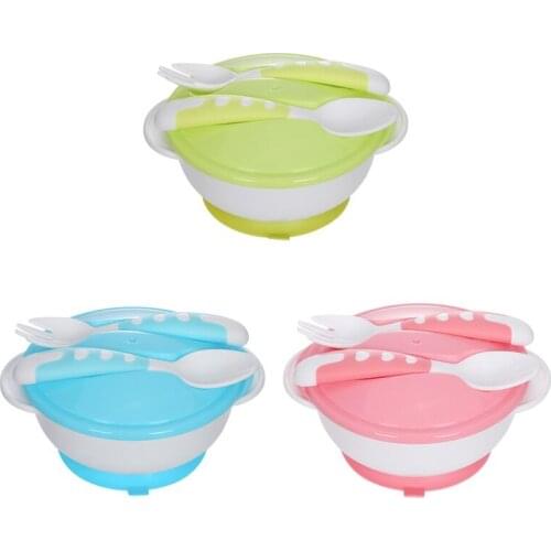 3PCS Baby Anti-slip Double Ear Sucker Feeding Bowl Lid+Spoon+Fork Toddler Kids Training Dishes Infant Food Supplement Tableware
