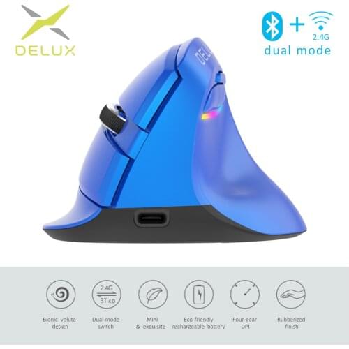 Delux M618 Mini 2.4GHz Wireless Silent Click Mouse 2400 DPI Ergonomic Rechargeable Vertical Mice with Bluetooth 4.0 Mode for PC