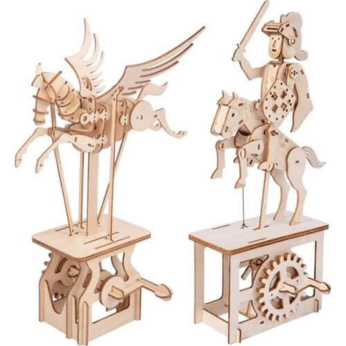 Kids Wooden 3D Puzzle Toy Manual Mechanical Gear Rotating Knight Pegasus Laser Cutting Model Physics Science Educational Toys