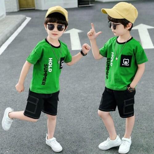 5-12 Years Kids Boys Clothes Set Orange T-Shirt + Green Short Pants Summer Cotton Children Boys Sports Letter Print Outfit