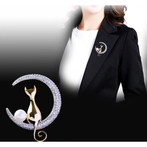 OKILY Delicate Cat and Pearl Brooch Pin Zircon Moon Brooches for Bridal Wedding Banquet Dress Accessories Luxury Jewelry Brooch