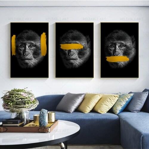 Wise 3 Monkeys Gorilla Pictures Animal Posters Prints Canvas Painting Brush Graffiti Wall Art For Living Kids Room Decoration