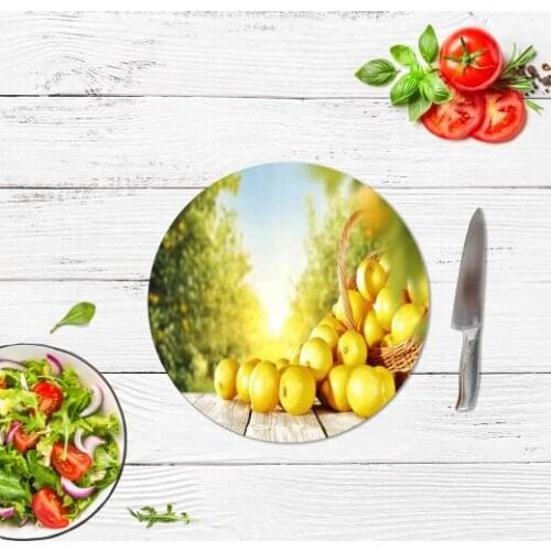 Limon Basket Pattern Style Glass Cutting Board Design Kitchen Chopping board Lemon Print Glass Oval Cutting Board 32cm diameter