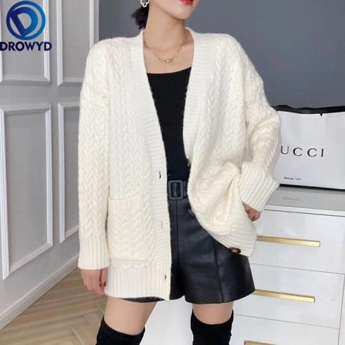 Fashion V-neck Sweater Jacket Autumn and Winter All-match 2021 Korean Version Knitted Cardigan Loose Single-breasted Jacket Top