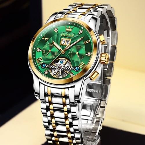 OLEVS 2021 Automatic Mens Watches Top brand luxury men watch Green mechanical wristwatch men waterproof reloj hombre 9910