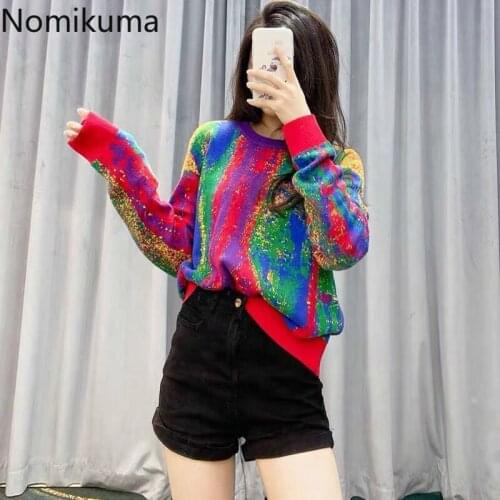 Nomikuma Gradient Colourful Rainbow Knitted Women Men Pullover Long Sleeve O-neck Causal Sweater 2020 Autumn New Jumpers 6B280