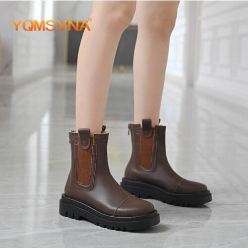 YQMSYNA Casual Chelsea Boots Comfortable Flat With Genuine Leather Round Toe Womens Boots Spring/Autumn Office Lady Shoes AS358