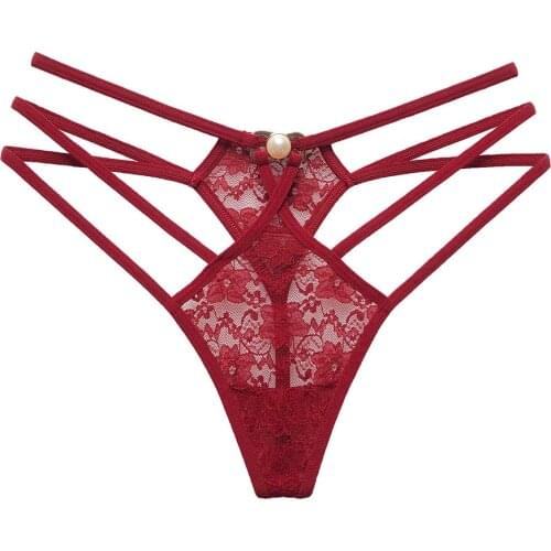 Sexy Cut-Out Perspective Womens Underwear Lace Fashion Cross Belt Bundled Thong Pearl Decoration T Pants Embroidered G-String