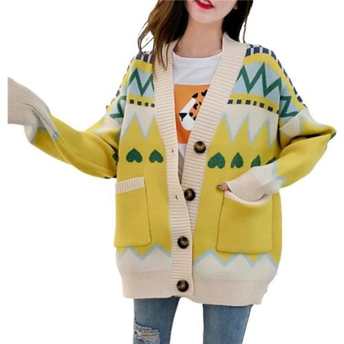 Women Button Down Sweater 2021 Spring Fall Casual Long Sleeve Geometric V Neck Loose Knit Cardigan with Front Pockets Coats