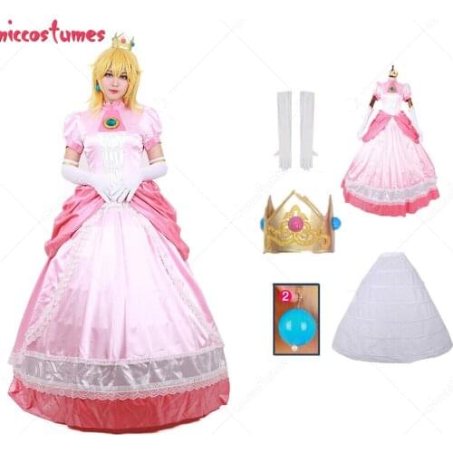 Adult Princess Peach Cosplay Costume Women Cosplay Pink Dress Gloves Earrings Crown Petticoat
