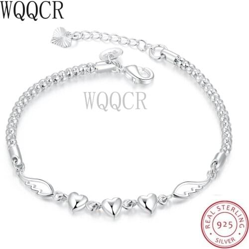 WQQCR Fashion Angel Wing Bracelet 925 Sterling Silver Color Three Grain Heart Charm Bracelets For Women Jewelry Hand Chain Gift