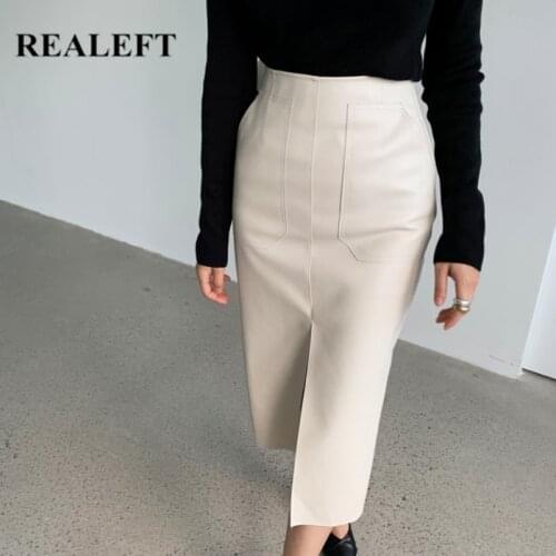 REALEFT High Waist PU Leather Skirts Pockets New 2020 Autumn Winter Chic Women Split Mid-length Pencil Wrap Skirts Office Ladies