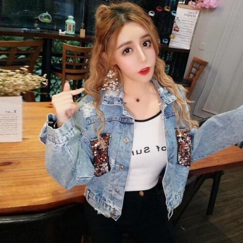 Hole Jean Jacket Women Spring Short Sequin Denim Jacket Splice Autumn Female Jacket Autumn Bomber Jackets for Women