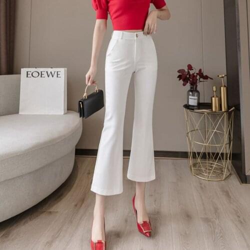 Women Elegant Pockets Plus Size Ankle Length Pants 2021 Female High Waist Flare Pants Summer Office Ladies Formal