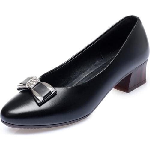 Genuine Leather Shoes 2020 Summer New Fashion Bow Round Head Women Shoes Work Shoes Non-slip Wear High Heel Shoes Large Size 42
