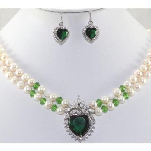 Womens fashion design 2 rows of 7-8mm white natural freshwater pearl + dark green zircon Heart Pendant Necklace + Earring Set