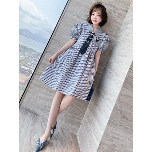 Top Quality Plaid stitched lapel tie with diamond bow and bubble sleeve dress summer new