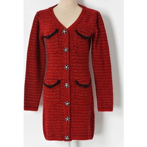 2020 Winter Sweater Dress Women Contrast Color Striped Red Knit Dress V Neck Crystal Buttons Long Sleeve Sheath Mini Dress Robes