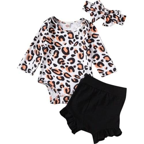 0-24 Months Newborn Baby Girl Clothes 3pcs Baby Girls Leopard Bodysuits Rompers Black Short Pants Headband Baby Girls Clothing