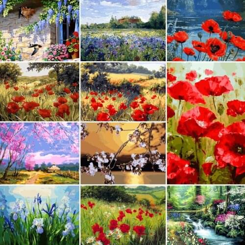 50/65/75CM DIY red Flowers Painting By Numbers Picture Colouring Zero Basis HandPainted Oil Painting Unique Gift Home Decor