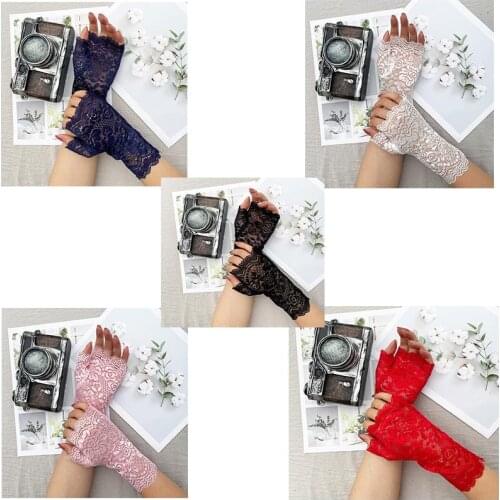 6pairs Pink Short Bridal Dance Sheers Gloves Womens Evening Party Formal Gloves Solid Color Lace Half-Finger Mittens