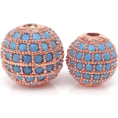 8mm 10mm 12mm Rose Gold Color Micro Pave Lake Blue CZ Round Spacer Beads For Jewelry Making Bracelets & Necklaces DIY Wholesale